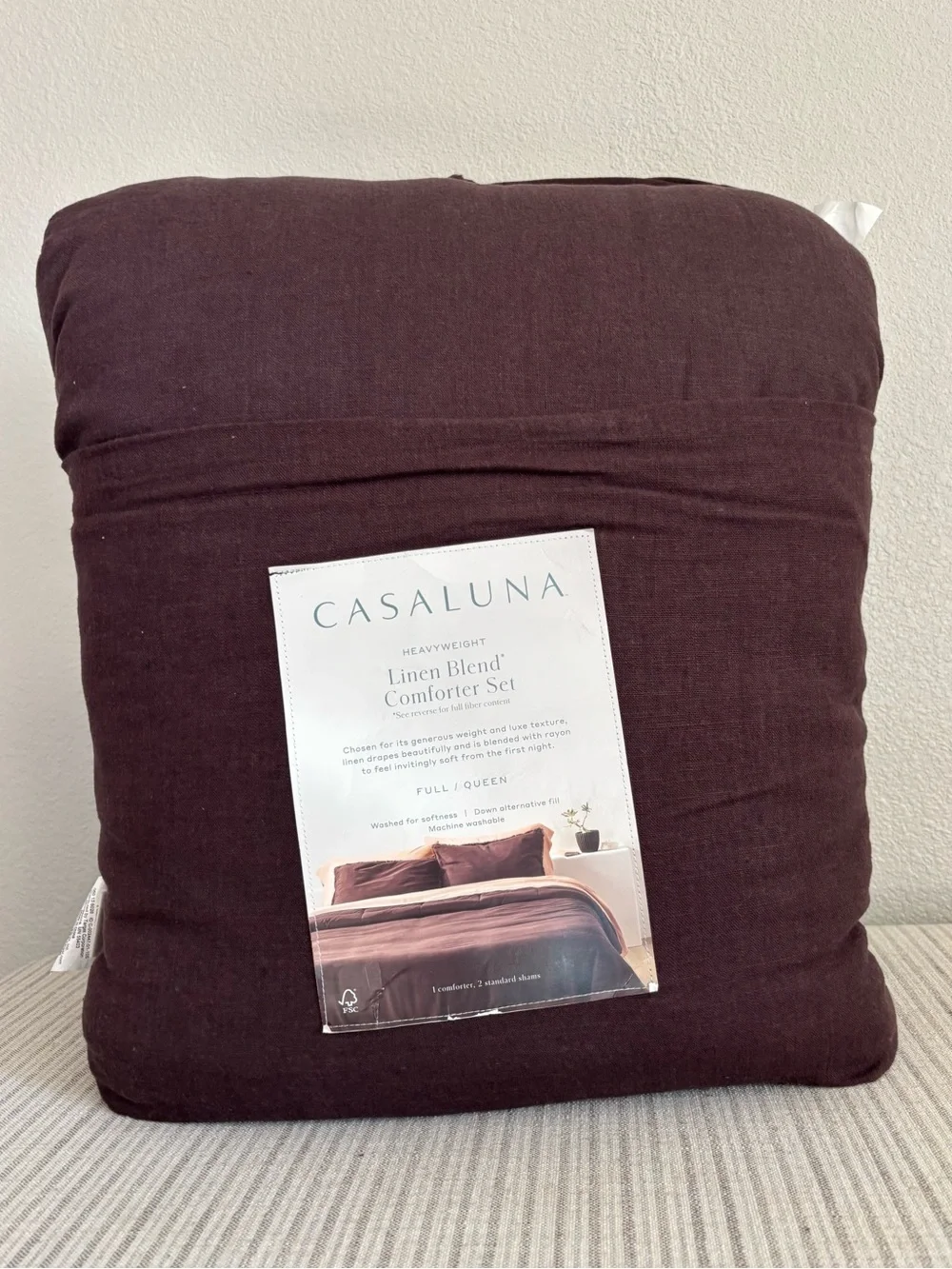 NWT Full/Queen Heavyweight Linen Blend Comforter and Sham Set Dark Fig Casaluna